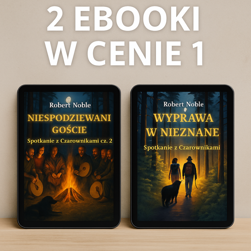 Promocyjna grafika dwóch ebooków Roberta Noble w cenie jednego – Wyprawa w nieznane i Niespodziewani goście.