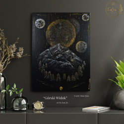 obraz energetyczny z motywem gór i księżyców, rękodzieło z seria Orion Zone – Górski Widok.